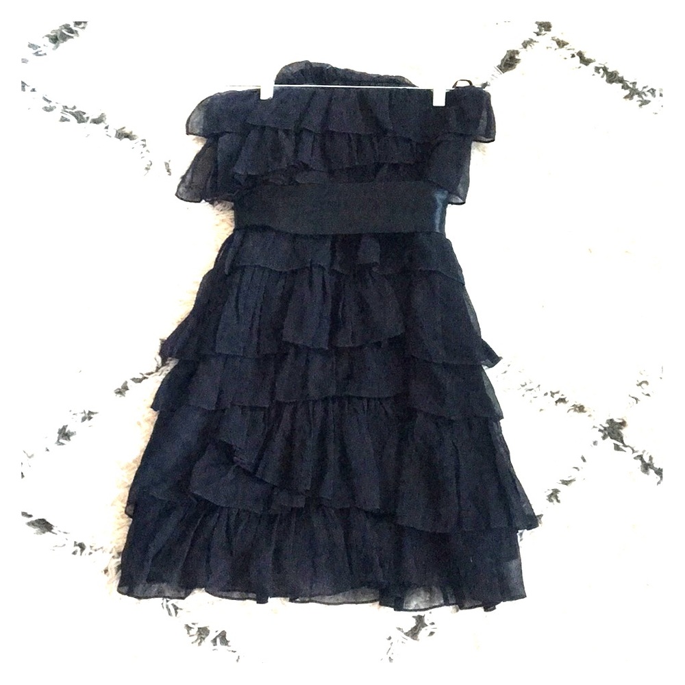 Black j Crew ruffled mini dress with silk sash